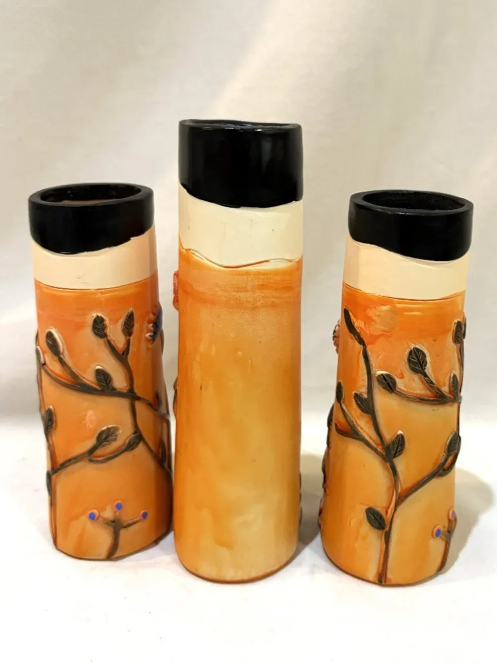 Set of 3 Spring Family Orange Bud Vases Resin Flowers & Birds Boho Style